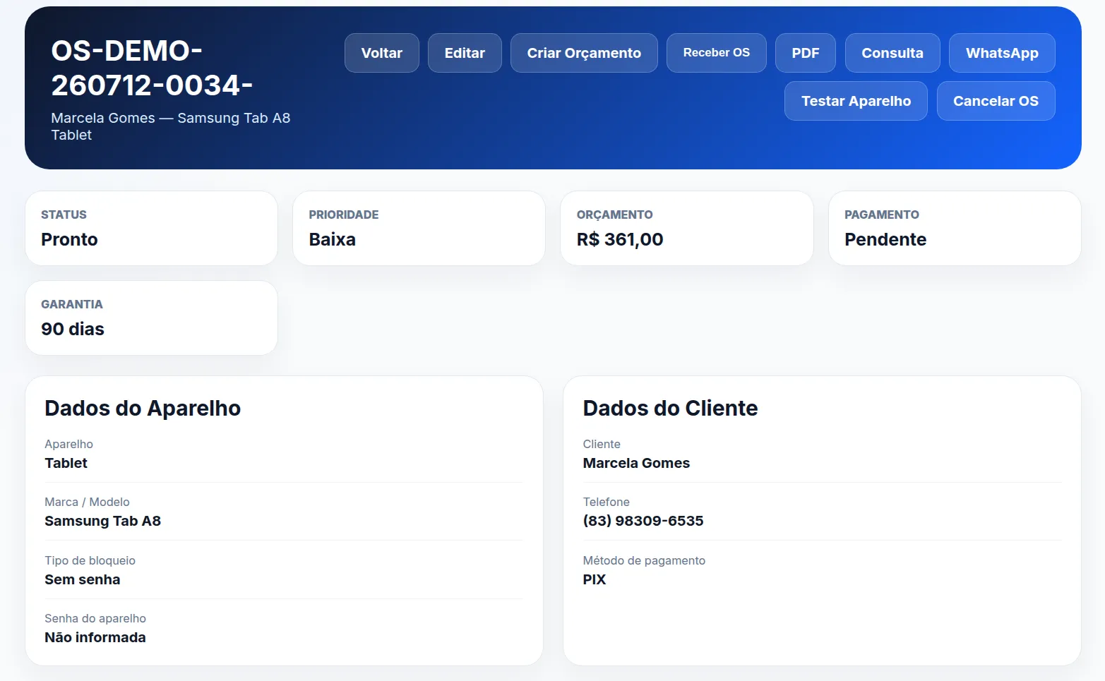 Detalhes de ordem de serviço no FluxOS